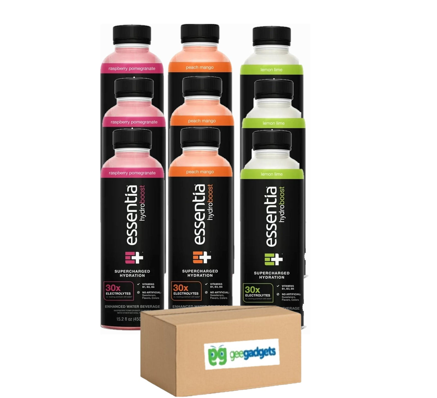 Essentia Hydroboost Enhanced Bottled Water, Lemon Lime , Peach Mango , Pomegranate Rasberry , Peach Mango, Hydrolyte Blend with B-Complex Vitamins and Electrolytes, 450 ml Pack of 9