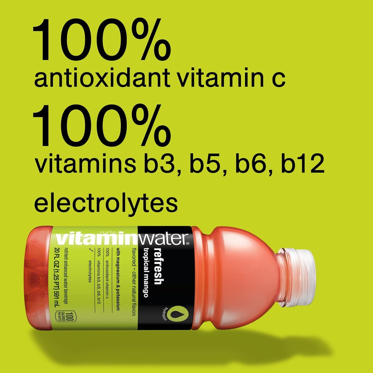 Vitamin Water Refresh Electrolyte Enhanced Water w/vitamins, Tropical mango drinks, 20 fl oz, 12 Pack