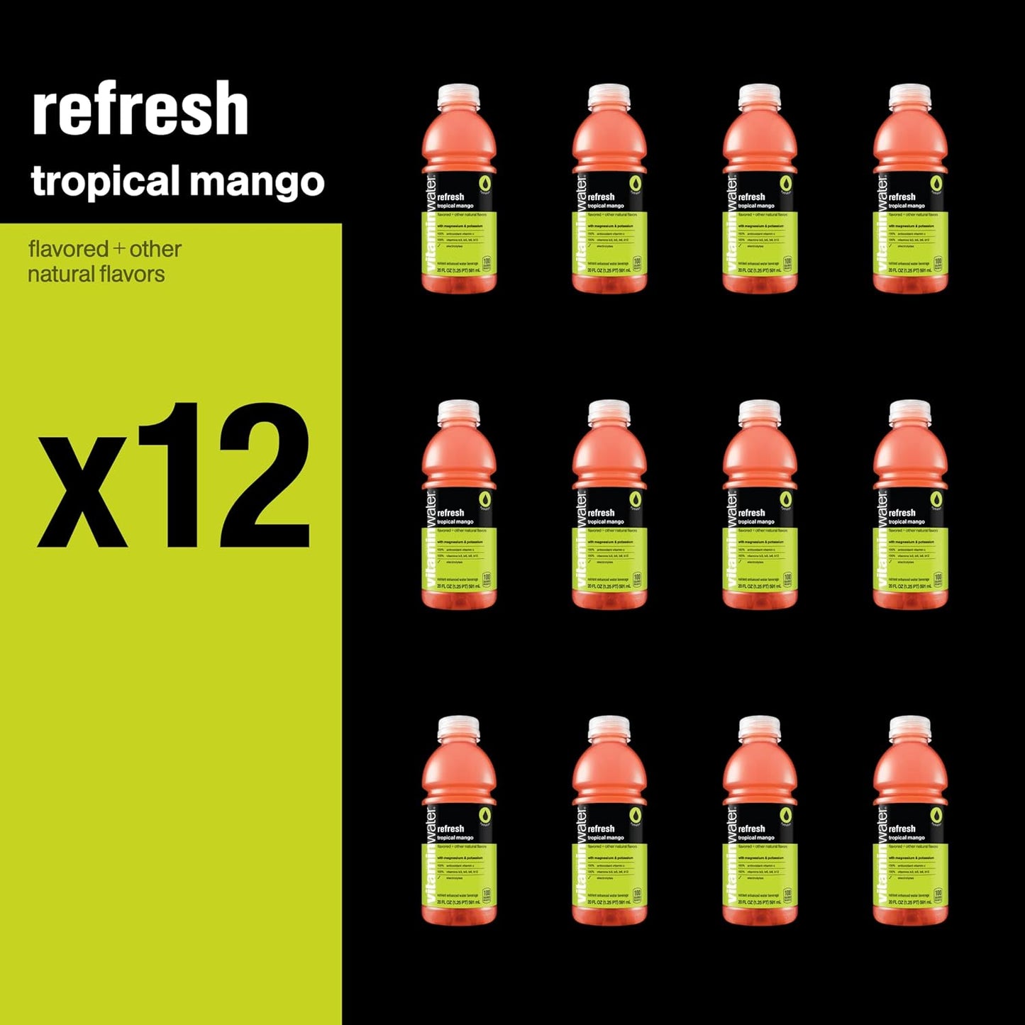 Vitamin Water Refresh Electrolyte Enhanced Water w/vitamins, Tropical mango drinks, 20 fl oz, 12 Pack