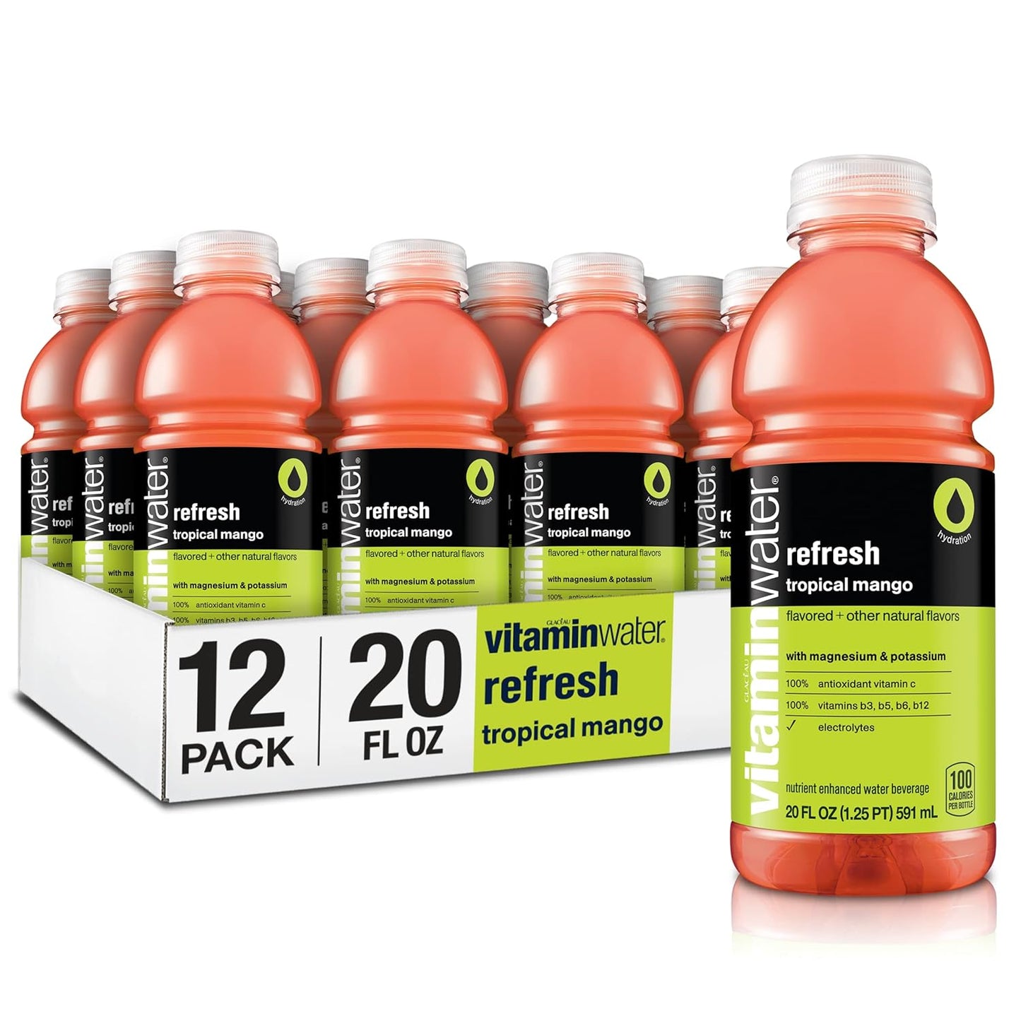 Vitamin Water Refresh Electrolyte Enhanced Water w/vitamins, Tropical mango drinks, 20 fl oz, 12 Pack