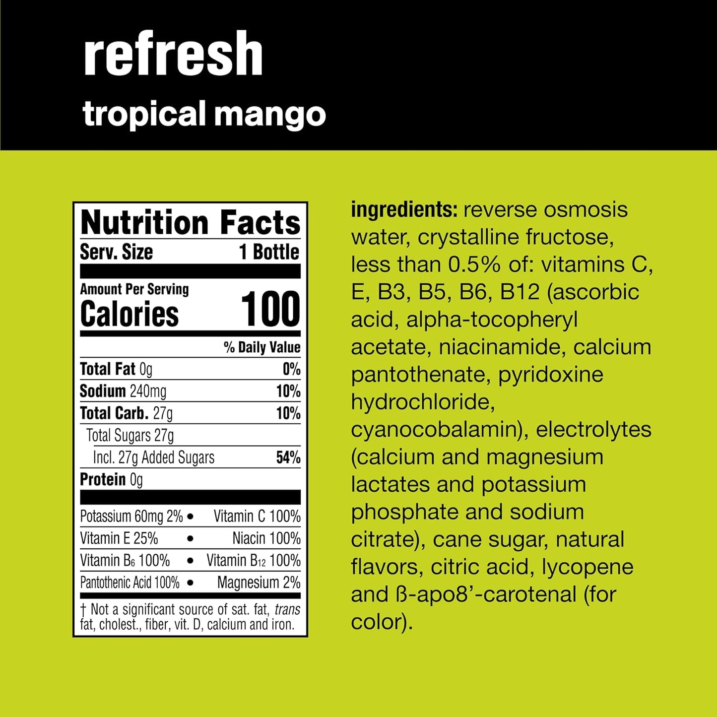Vitamin Water Refresh Electrolyte Enhanced Water w/vitamins, Tropical mango drinks, 20 fl oz, 12 Pack