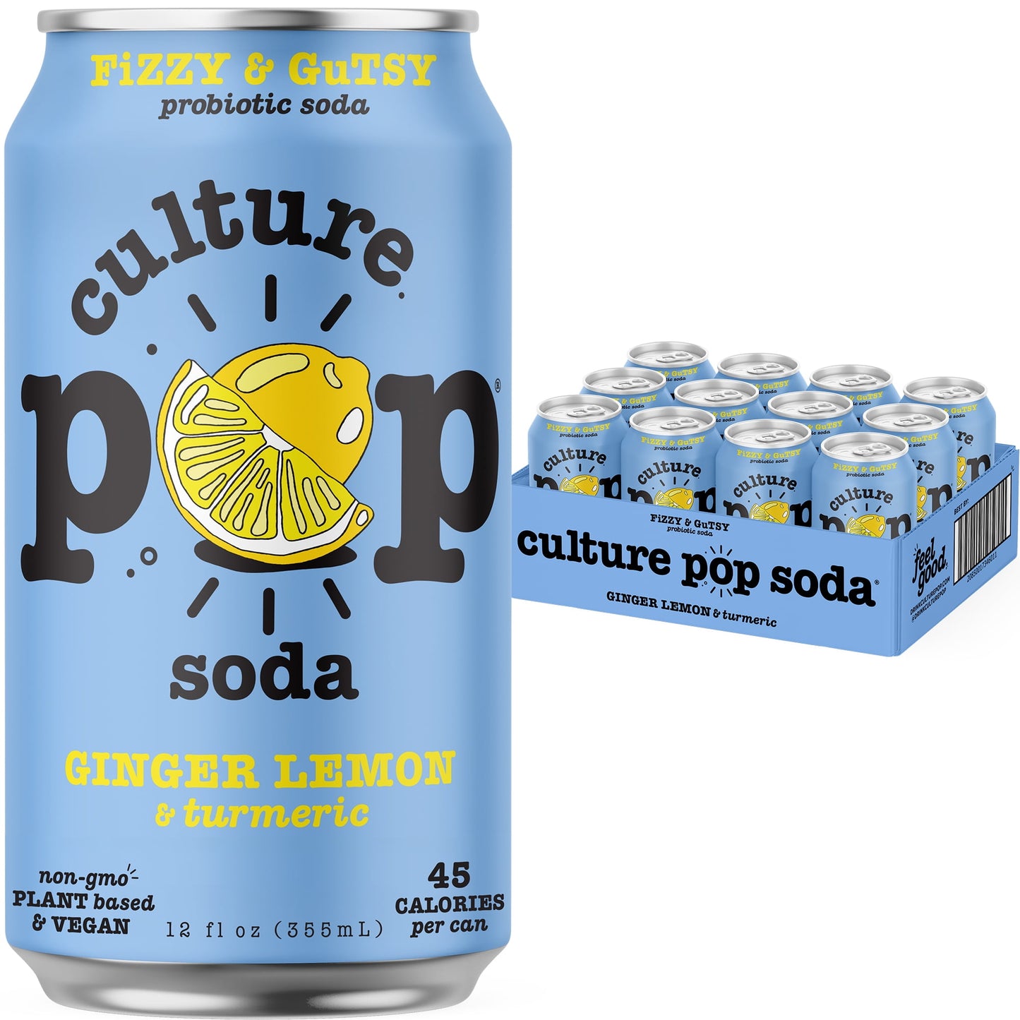 Culture Pop Sparkling Probiotic Soda, Ginger Lemon, 12 Fl Oz Cans (Pack of 12)