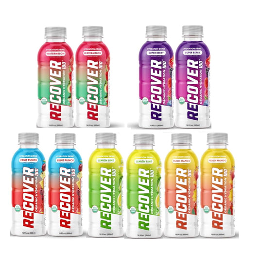 RECOVER 180 Organic Hydration Sports Drink, No Sugar Added, 15 Calorie Sports Beverage, Organic Flavors With Vitamins, Potassium-Packed Electrolytes, 16.9 Fl Oz - 10 ct(2 each per flavor)