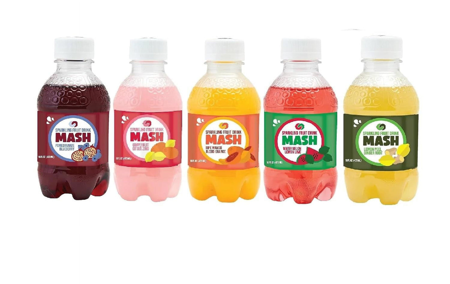 Boylan Bottling Mash 16 Ounce Bottle, Variety Pack (Grapefruit Citrus Zing, Blueberry Pomegranate, Lemon Peel Ginger Root, Mango Blood Orange, Watermelon Lemon Lime) Pack of 5