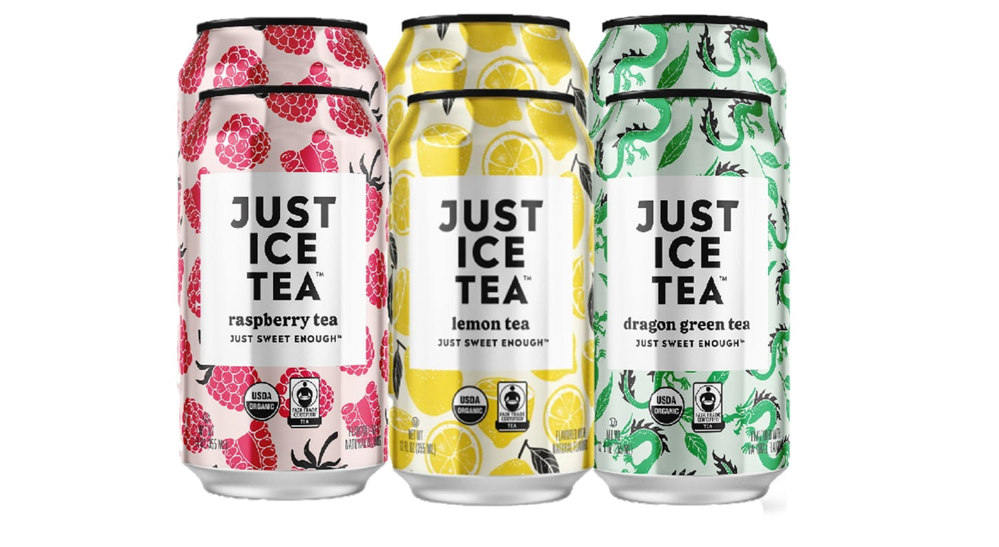 Just Ice Tea Just Sweet Enough Organic Ice Tea, 12Oz Can Variety of Flavor (Raspberry Tea, Lemon Black Tea, Dragon Green Tea) Pack of 6