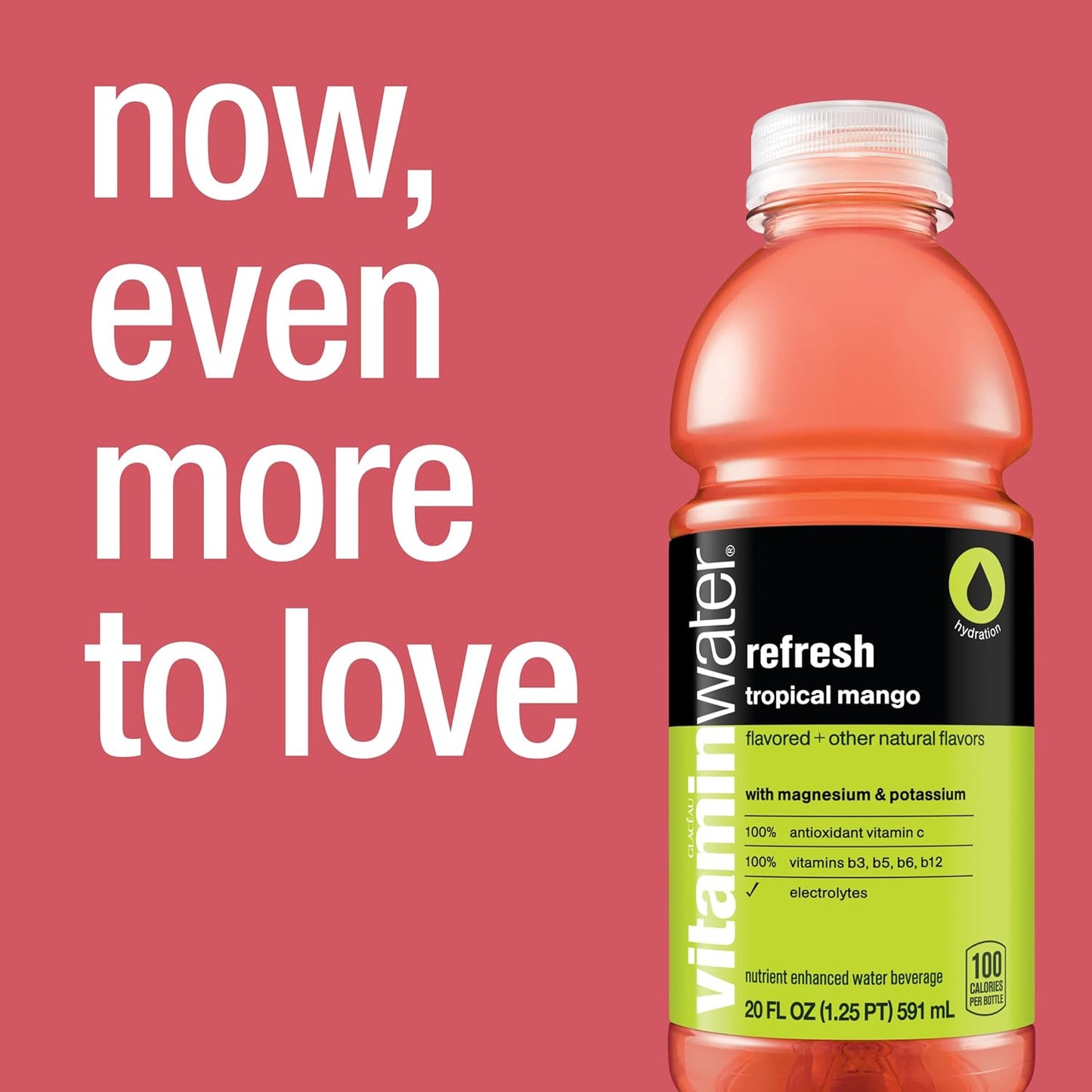 Vitaminwater Refresh, Tropical Mango Flavor, Electrolyte-Enhanced Water with Vitamins B5, B6 & B12, 20 Fl Oz (12-Pack)