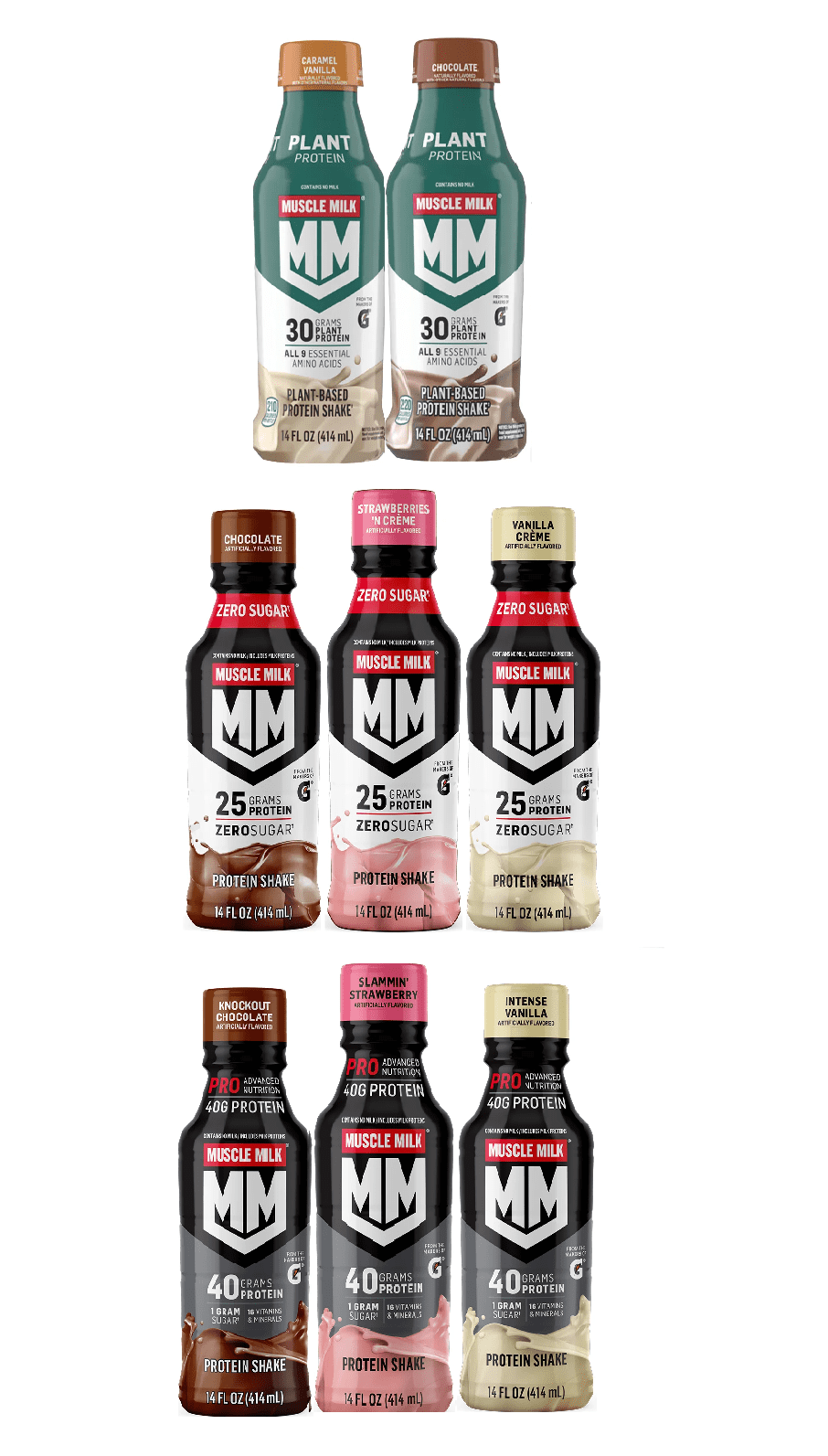 Muscle Milk Genuine Protein Shake + Muscle Milk Pro, Plant Series Protein Shake Variety of Flavors, 14 Fl Oz, Pack of 8