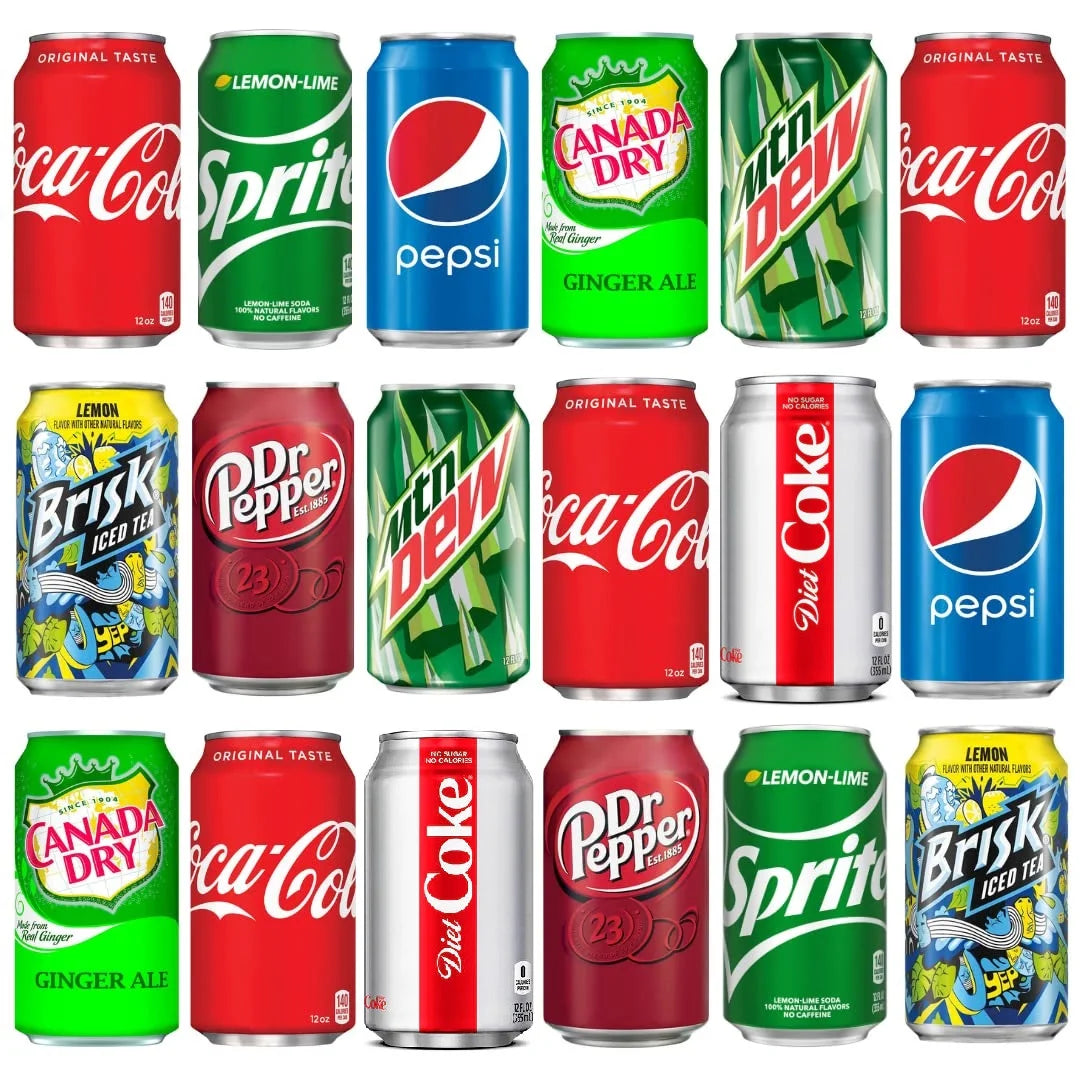 Soft Drink Assortment: Cola, Pepsi, Sprite, Mountain Dew, Dr. Pepper, Diet Coke, Canada Dry Ginger Ale, Brisk Iced Tea - 12 Fl Oz Can (Pack of 18) Packing May Vary