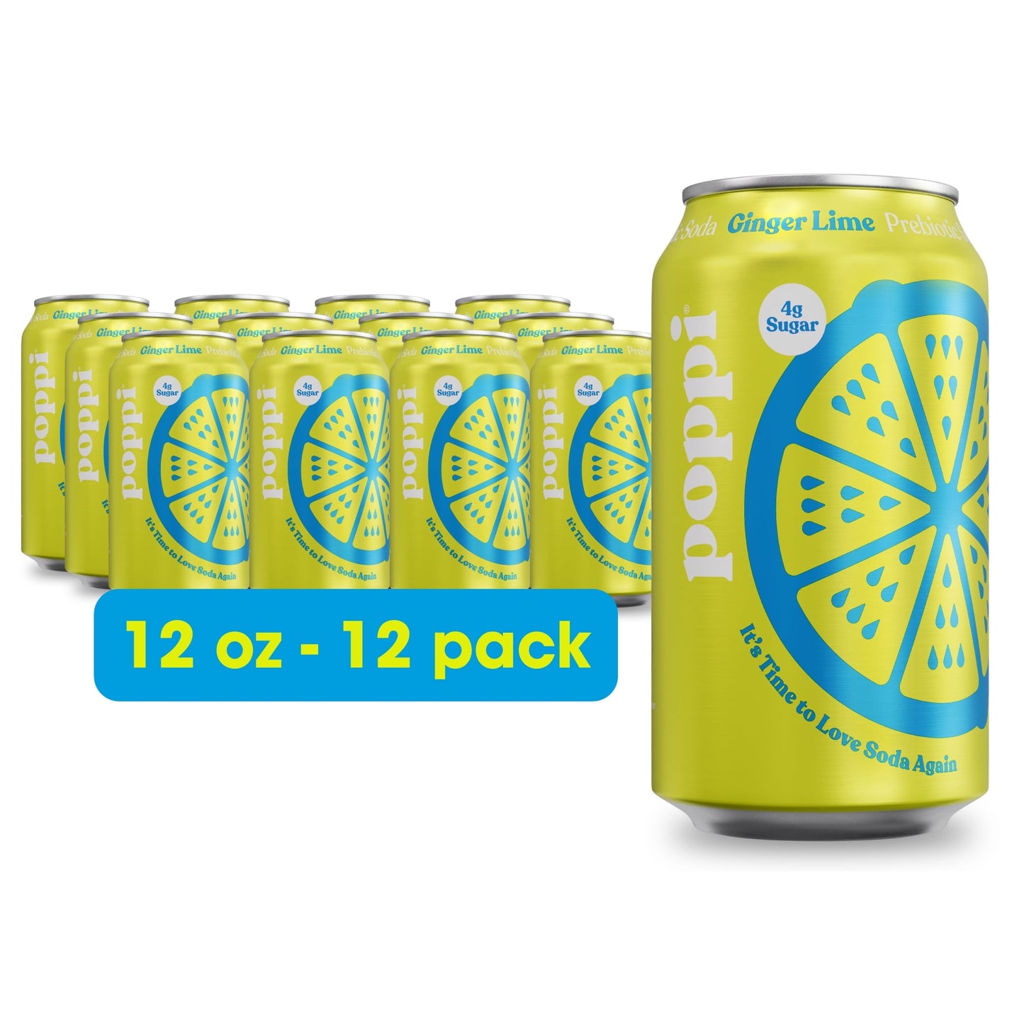 Poppi Prebiotic Soda, Ginger Lime, 12 Pack, 12 oz