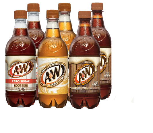 A&W Root Beer Soda, 20 Fl Oz (Root Beer/Zero Sugar/Cream Soda) Pack of 6