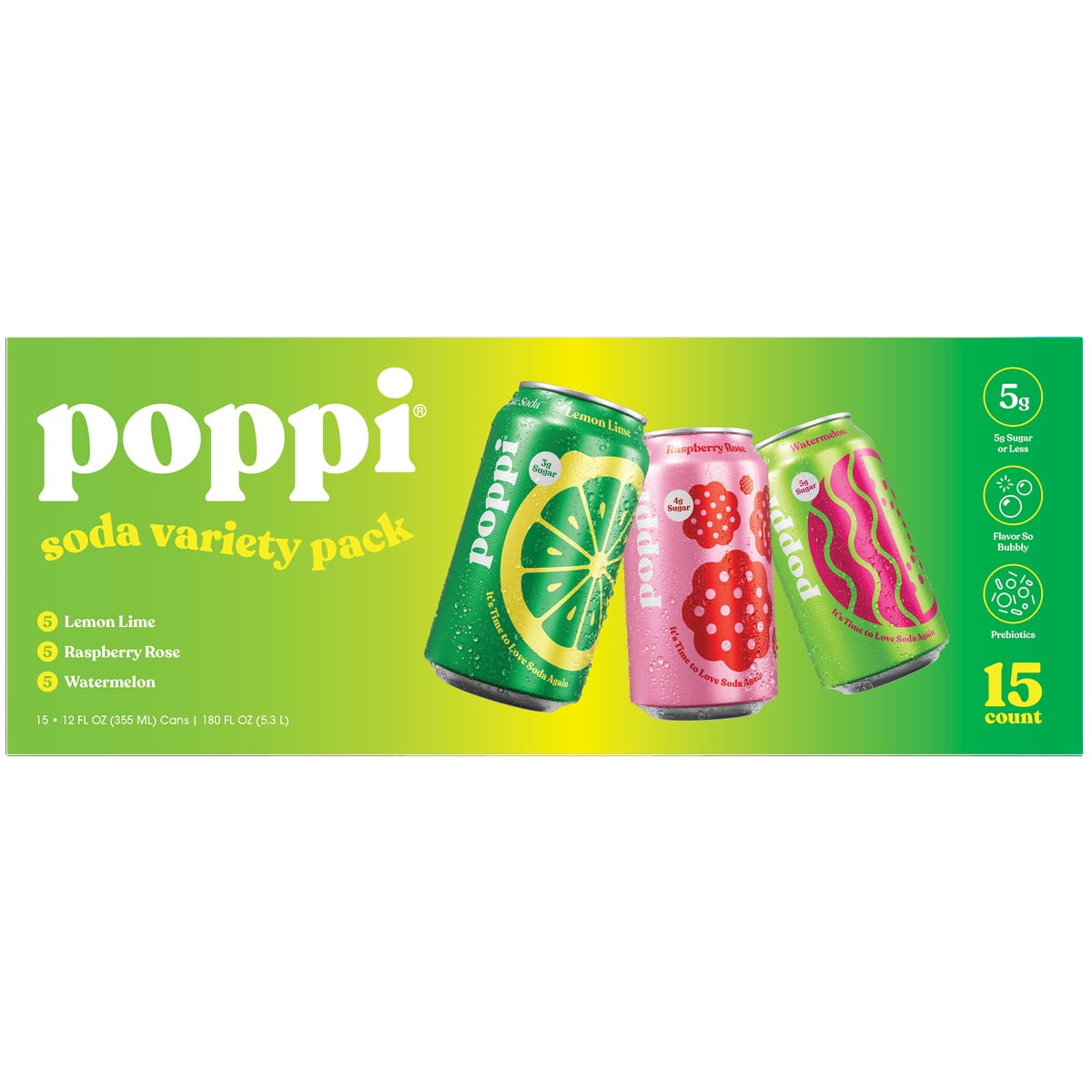 Poppi Prebiotic Soda, Variety Pack, 12 Fluid Ounce (Pack of 15)