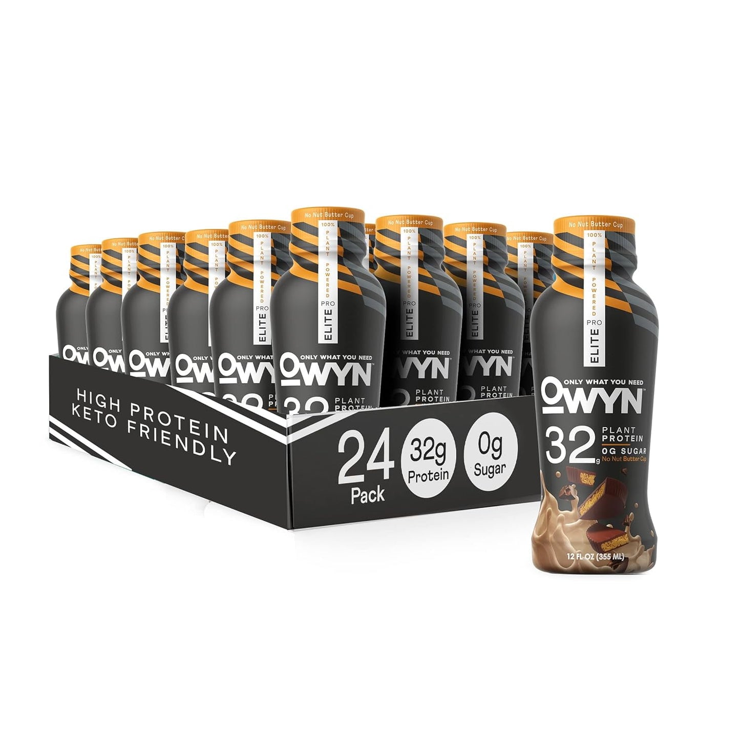 OWYN Pro Elite Vegan Plant-Based High Protein Keto Shake, 32g Protein, 9 Amino Acids, Omega-3, Prebiotics, 0g Net Carbs, Zero Sugar 12 Fl Oz (No Nut Butter Cup, 24 Psck)