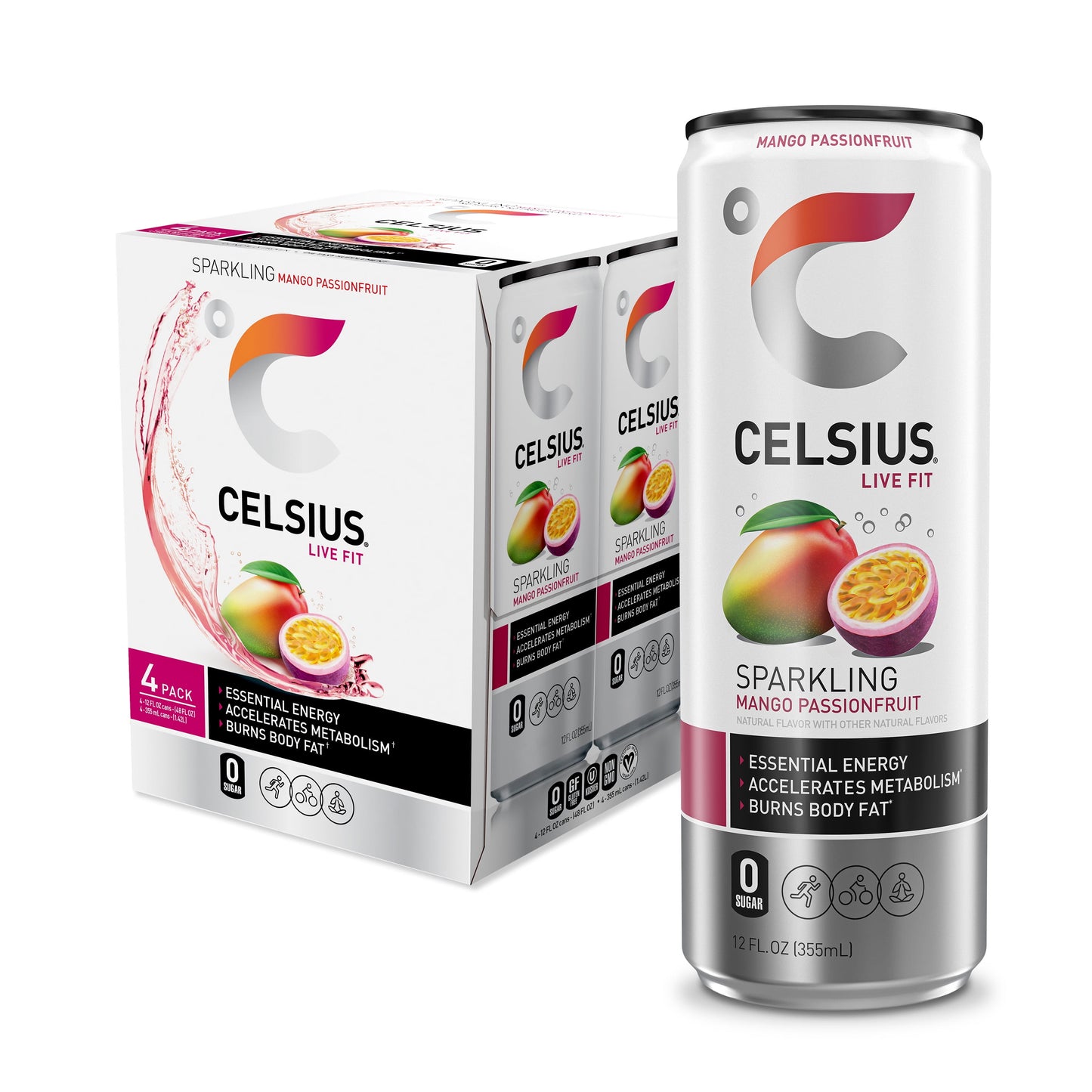 CELSIUS Sparkling Mango Passionfruit, Functional Essential Energy Drink 12 Fl Oz (Pack of 4)