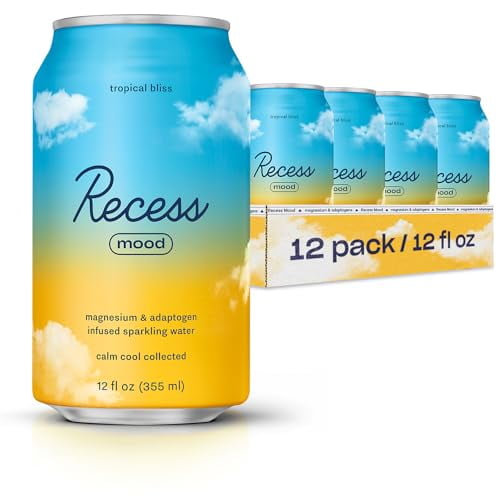 Recess Mood Magnesium Supplement Drink Calming Beverage, 12 Ounce, Pack of 12 (Tropical Bliss)