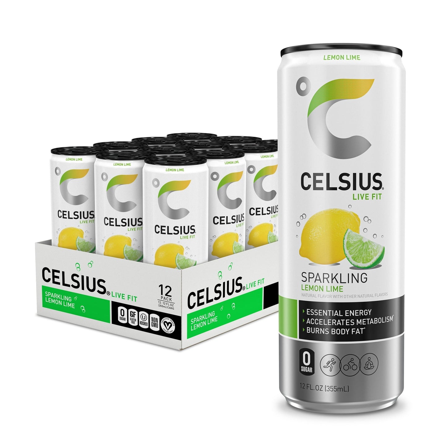 CELSIUS Sparkling Lemon Lime, Functional Essential Energy Drink 12 fl oz (Pack of 12)