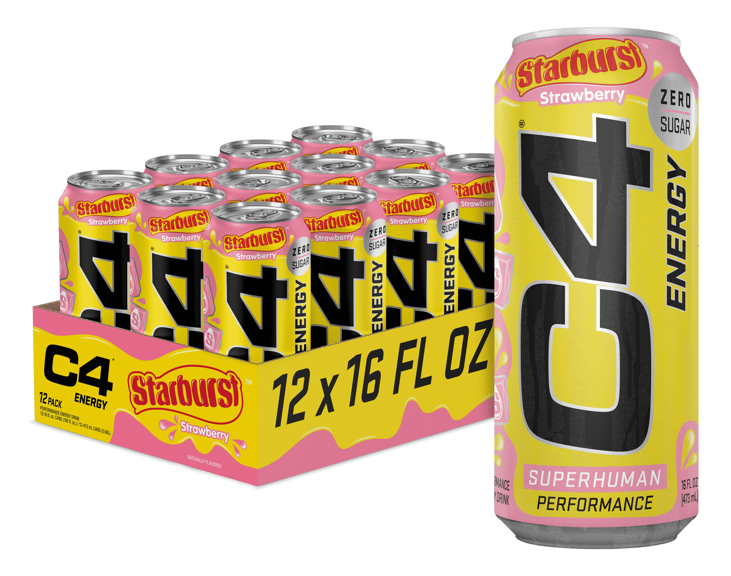 C4 Performance Energy Drink, Strawberry Starburst Flavor, Zero Sugar, Carbonated, 16 oz can (12 Pack)