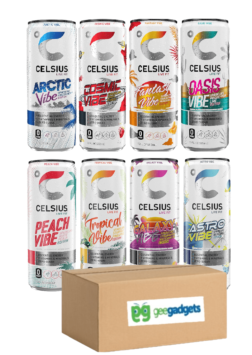 CELSIUS Sparkling Functional Essential Energy Drink Variety Pack,  12 Fl Oz (Arctic Vibe, Astro Vibe, Cosmic Vibe, Fantasy Vibe, Galaxy Vibe, Oasis Vibe, Peach Vibe, Tropical Vibe) Pack of 8