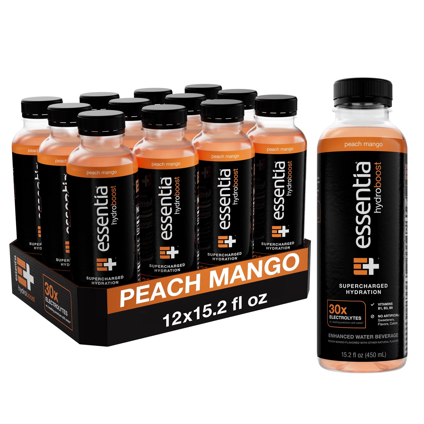 Essentia Hydroboost Enhanced Bottled Water, Peach Mango, 450 ml, 12 Pack