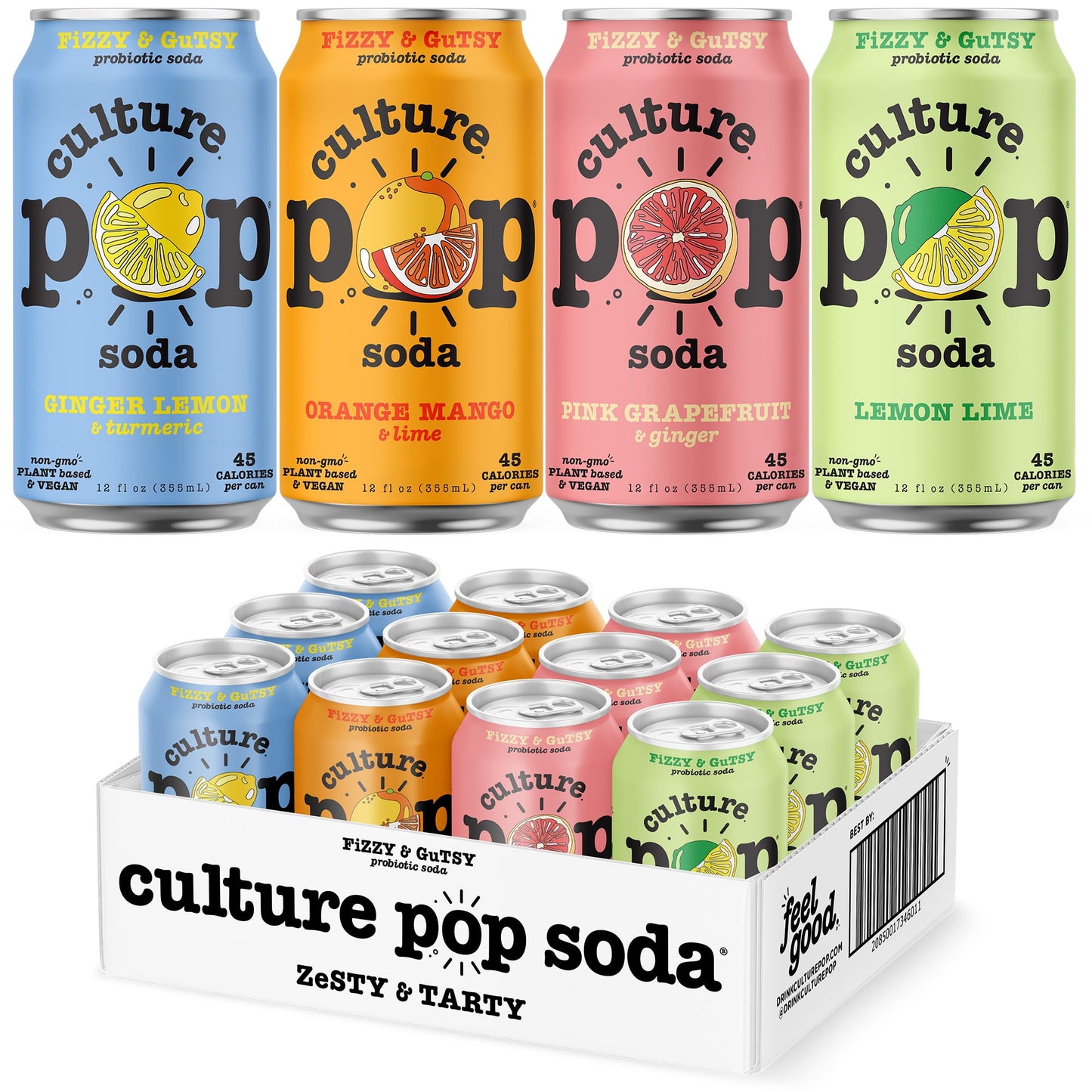 Culture Pop Sparkling Probiotic Soda, Zesty Tarty Variety, 12 Fl Oz Cans (Pack of 12)