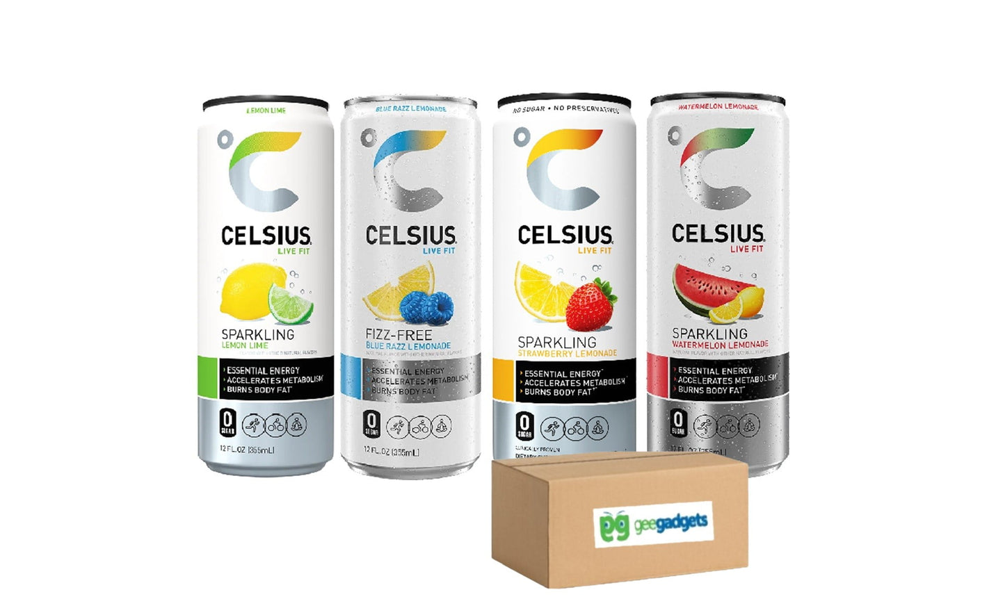 Celsius Best Rated Sparkling Lemonade Flavor Energy Drink, 12 Fl Ounce Can Variety Pack (Lemon Lime, Blue Razz Lemonade, Watermelon Lemonade, Strawberry Lemonade) Pack of 4