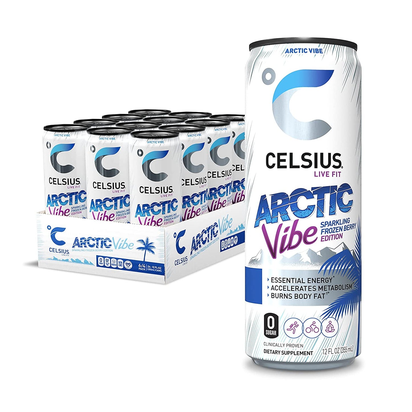 CELSIUS Arctic Vibe Sparkling Frozen Berry, Functional Essential Energy Drink 12 Fl Oz (Pack of 12)