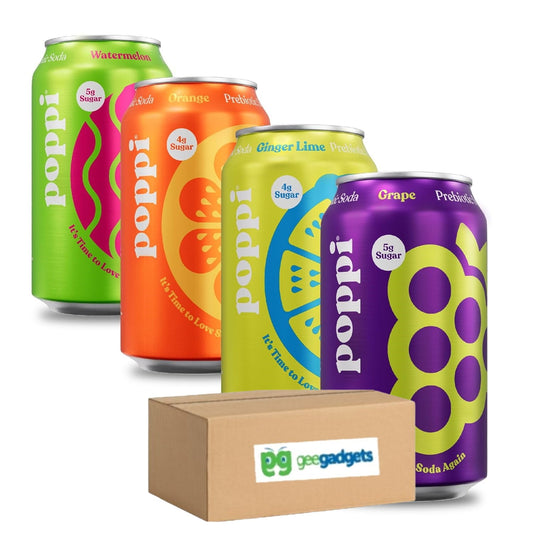 POPPI Sparkling Prebiotic Soda, Beverages w/Apple Cider Vinegar, Seltzer Water & Juice, Beach Party Variety Pack, 12oz (Grape, Ginger Lime, Orange Watermelon) Pack of 4