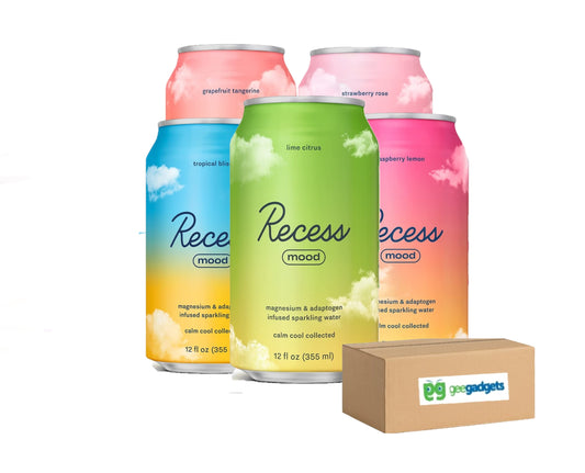 Recess Mood Magnesium Supplement Drink Calming Beverage, 12 Ounce Can, Variety Pack (Lime Citrus, Raspberry Lemon, Grapefruit Tangerine, Strawberry Rose, Tropical Bliss) Pack of 5