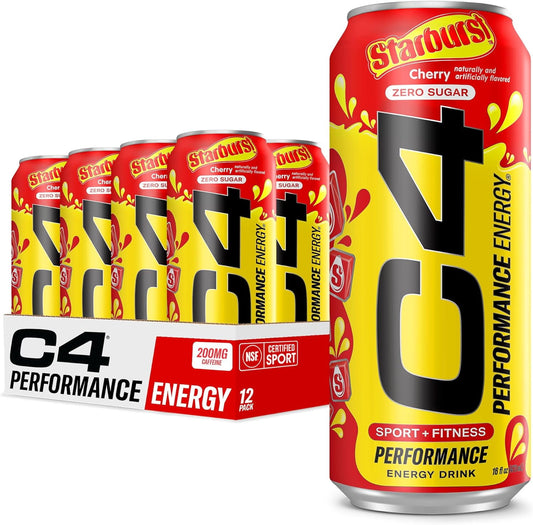 C4 Performance Energy Drink, Starburst Cherry Flavor, Zero Sugar, Carbonated, 16 oz can (12 Pack)