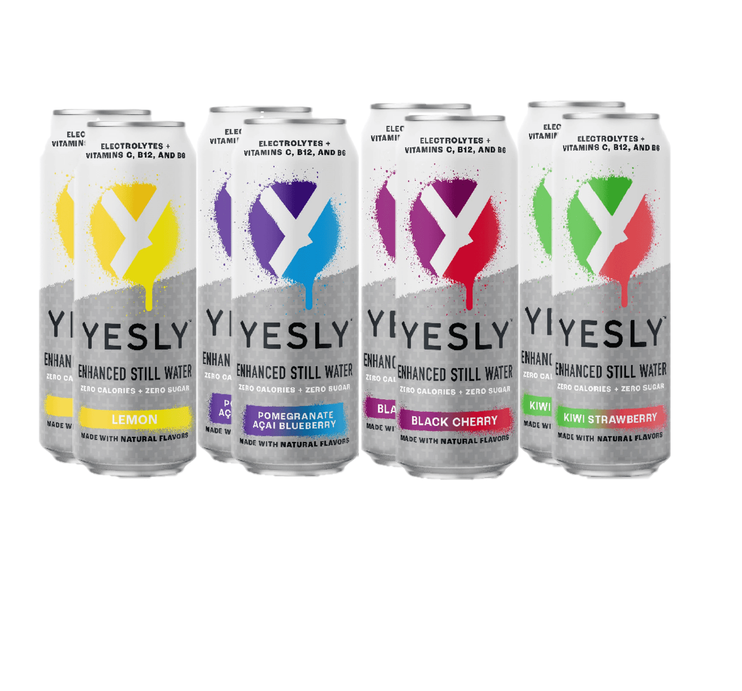 Yesly Hydrating Electrolyte Vitamin Water, 16 Fl Oz - Variety Pack (Black Cherry, Kiwi Strawberry, Lemon, Pomegranate Acai Blueberry) Pack of 8