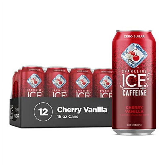 Sparkling Ice +Caffeine Cherry Vanilla Sparkling Water with Caffeine, Zero Sugar, with Antioxidants and Vitamins,16 fl oz Cans (Pack Of 12)