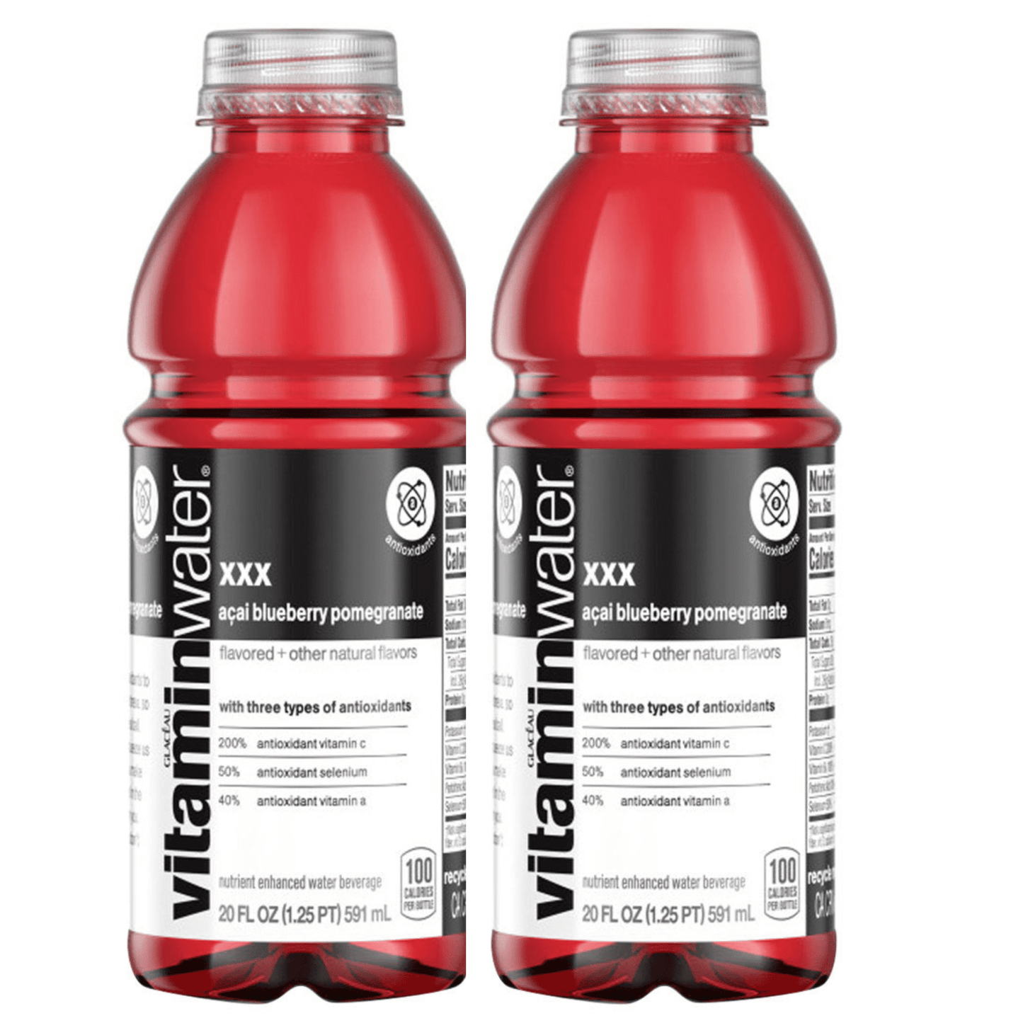 VITAMINWATER XXX ACAI BLUEBERRY POMEGRANATE Electrolyte Enhanced Water With Vitamins Drink 20 FL Ea., ( Pack Of 2 Hydrate Hustle On The Go Bottles)