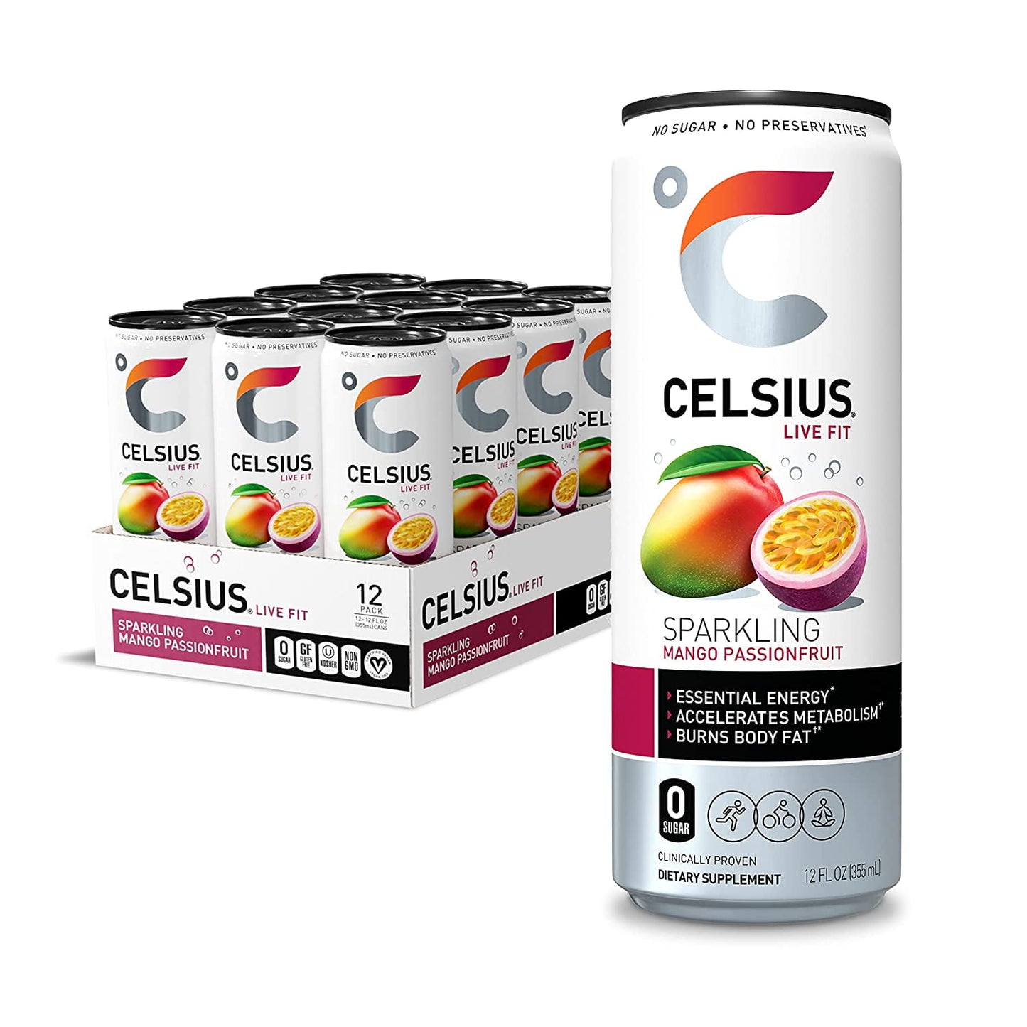 CELSIUS Essential Energy Drink 12 Fl Oz, Sparkling Mango Passionfruit (Pack of 12)