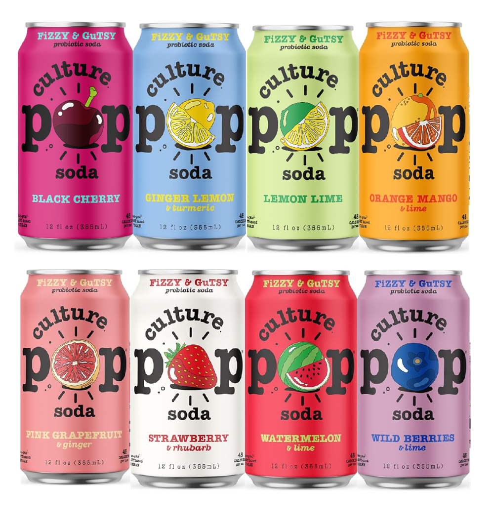 Culture Pop Sparkling Probiotic Soda | 40 Calories per can, Vegan, Non-GMO | 12 Fl Oz Cans Variety of Flavor - Pack of 8