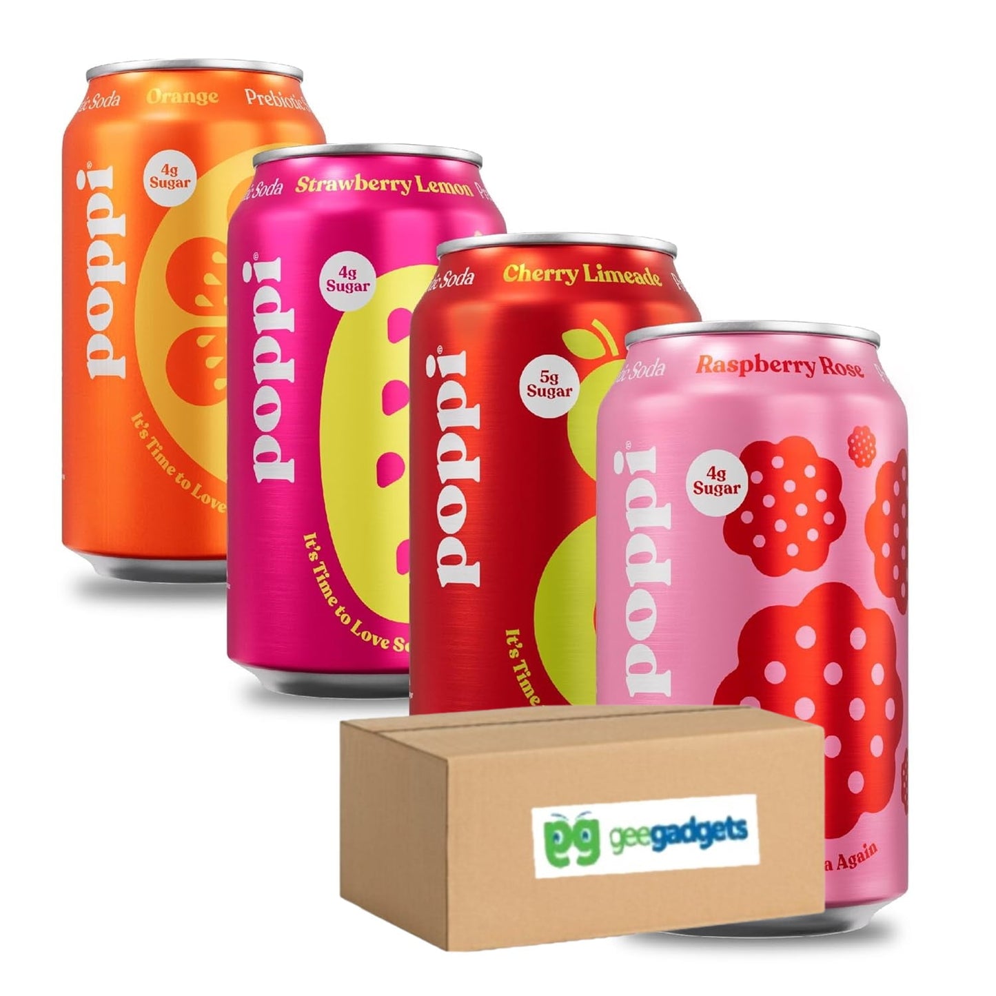 POPPI Sparkling Prebiotic Soda, Beverages w/Apple Cider Vinegar, Seltzer Water & Juice, Beach Party Variety Pack, 12 Fl Oz (Raspberry Rose, Cherry Limeade, Strawberry Lemon, Orange) Pack of 4