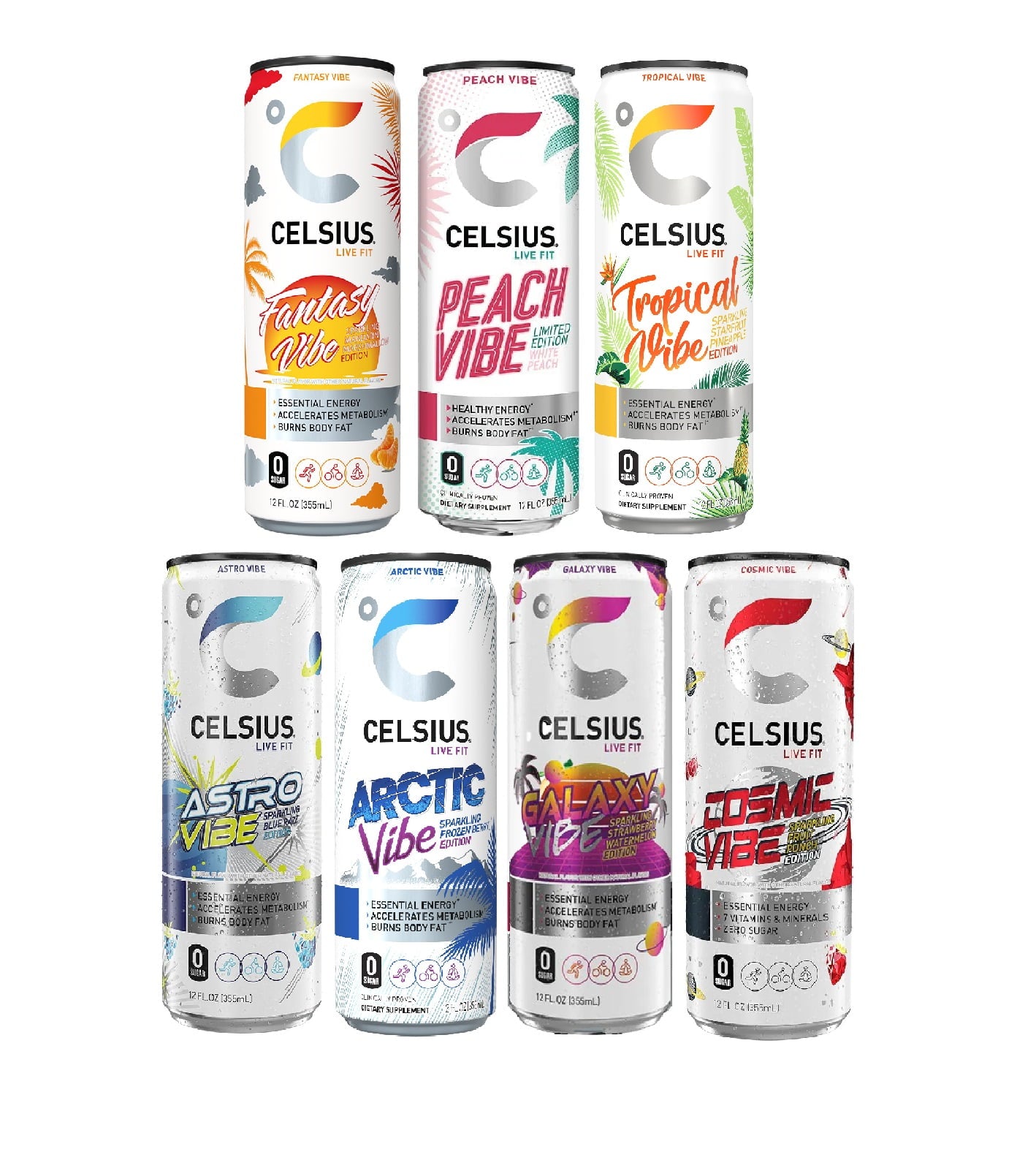 CELSIUS Sparkling Functional Essential Energy Drink with Variety of Flavors, 12 Ounce Can - Best Bundle Pack (12 Fl oz, Celsius Sparkling Vibe - Variety (Pack of 8))