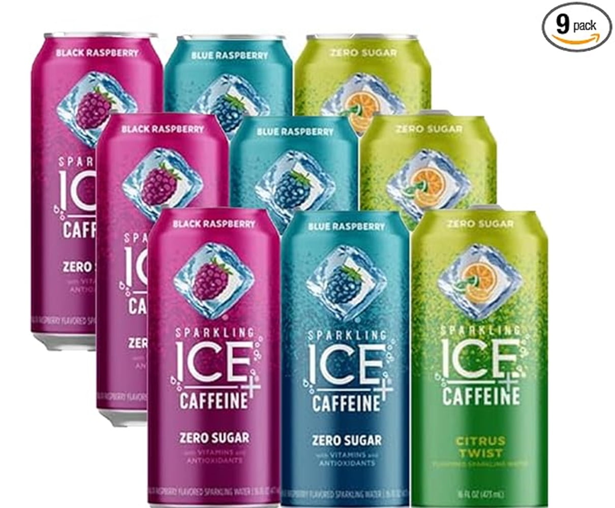 Sparkling Ice +Caffeine Zero Sugar Flavored Sparkling Water with Vitamins and Antioxidants, Variety Pack - Black Raspberry/Blue Raspberry/Citrus Twist, 16 FL Oz Can (Pack of 9)