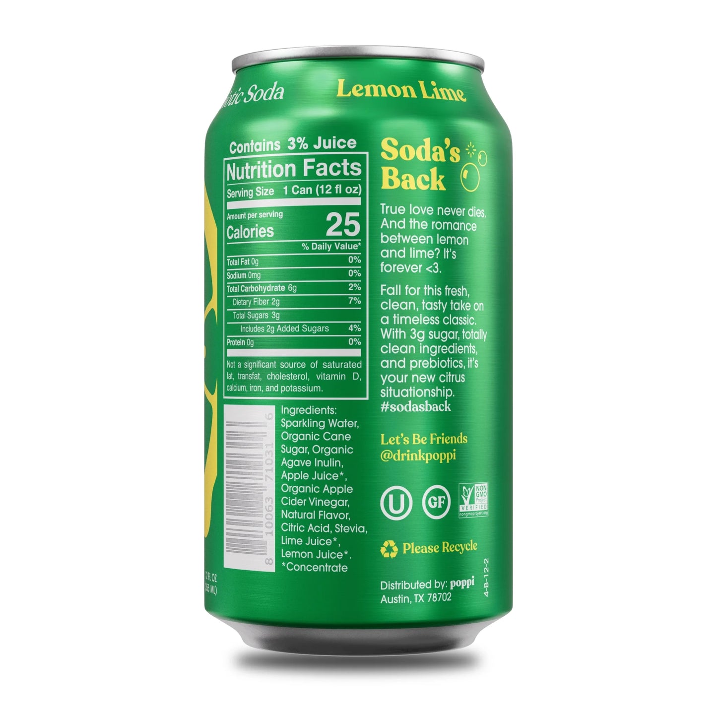 Poppi Lemon Lime Prebiotic Soda, 12 oz, 12 Pack Cans