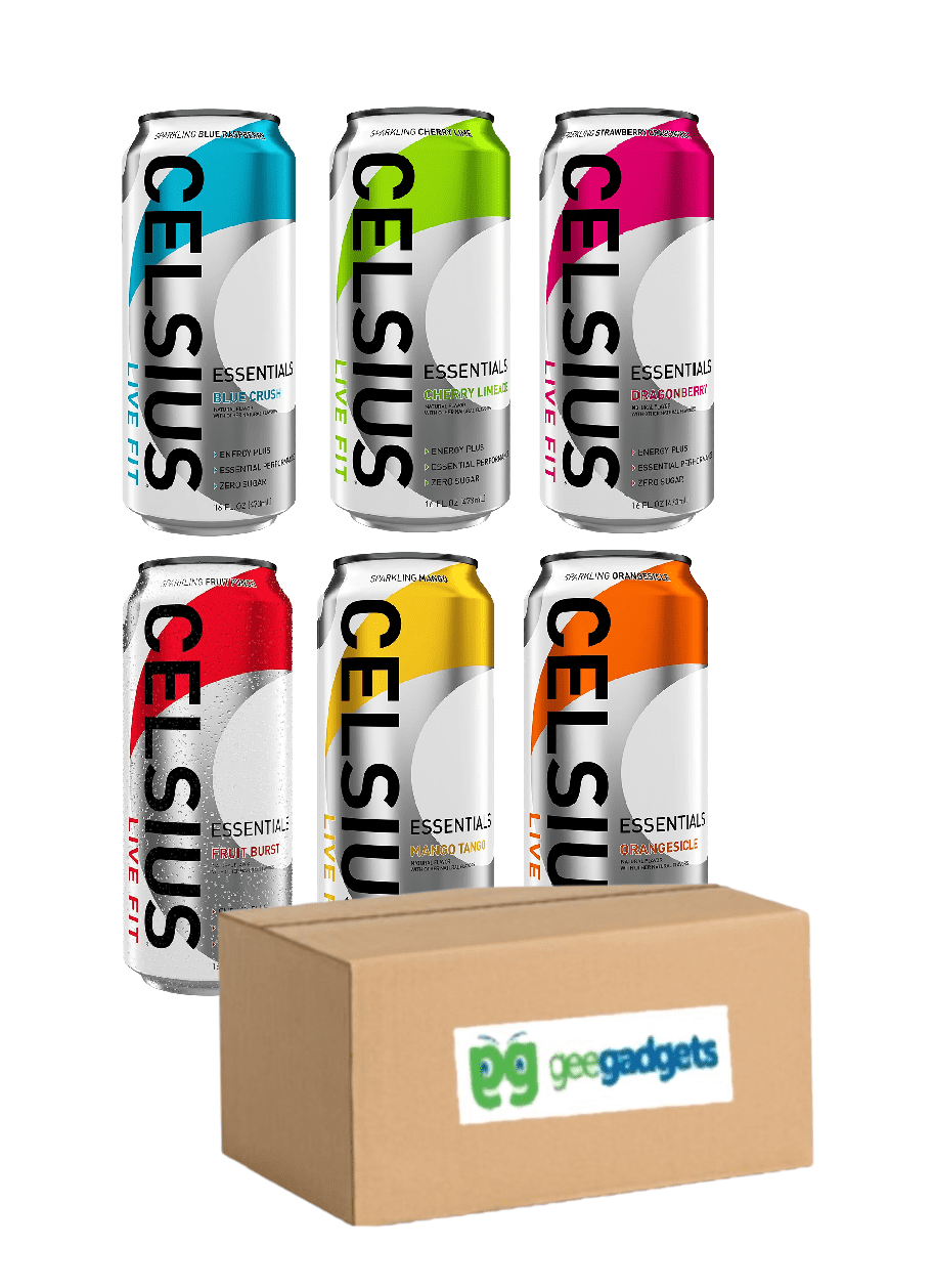 CELSIUS ESSENTIALS, Sparkling Performance Energy Drink Variety of Flavor 16 Fl Oz (Fruit Burst, Cherry Limeade, DragonBerry, Blue Crush, Mango Tango, Orangesicle) Pack of 6