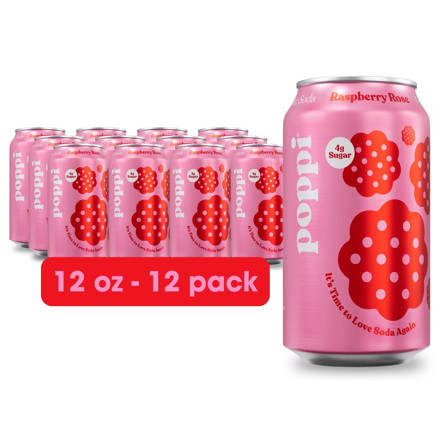 Poppi Prebiotic Soda, Raspberry Rose, 12 Pack, 12 oz