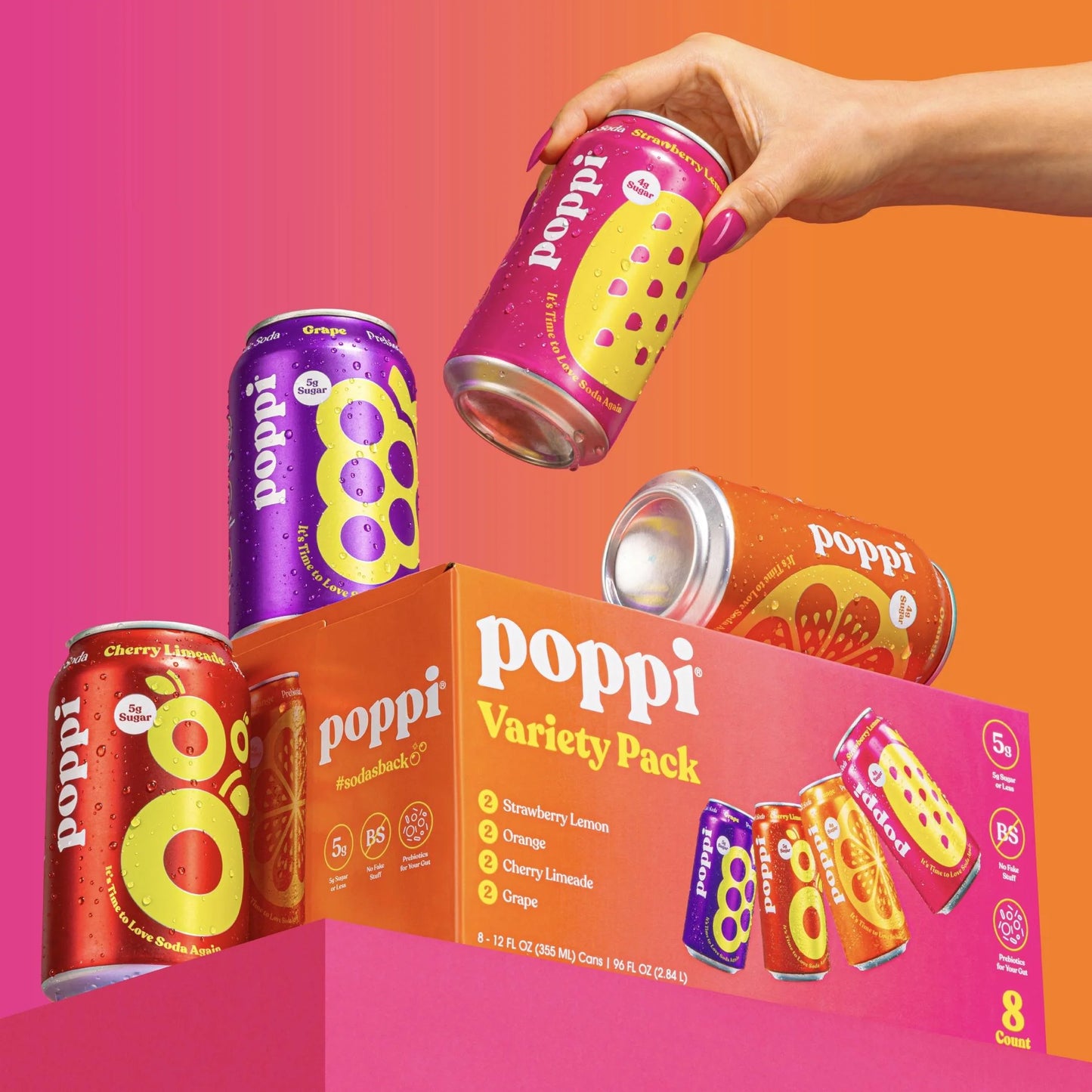 Poppi Prebiotic Soda, Variety Pack CY/GR/OR/SL, 8pk