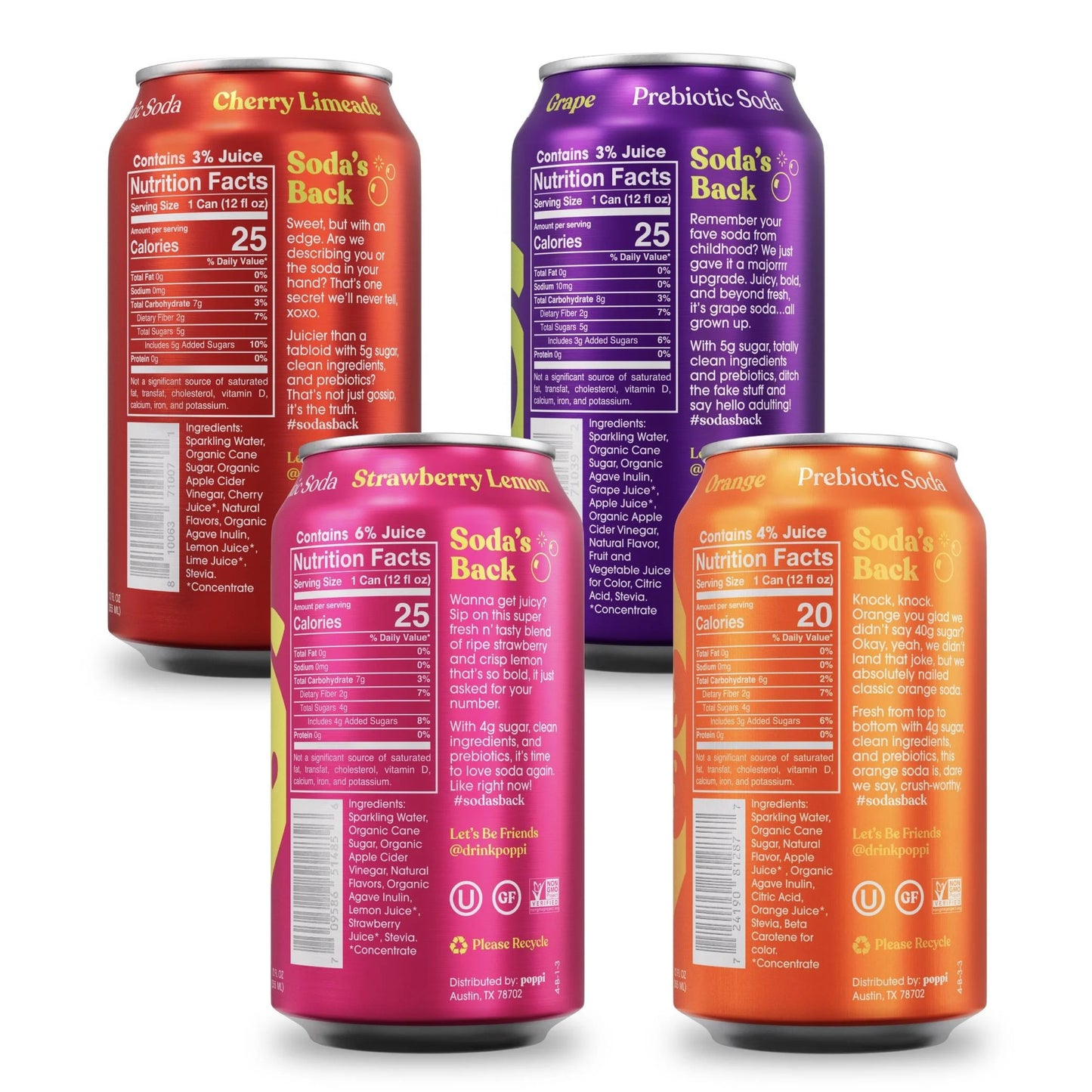 Poppi Prebiotic Soda, Variety Pack CY/GR/OR/SL, 8pk