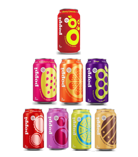 POPPI Sparkling Prebiotic Soda Beverages Variety of Flavors with Low Calorie & Low Sugar 12oz (Grape, Orange, Root Beer, Ginger Lime, Classic Cola, Cherry Limeade, Doc Pop, Strawberry Lemon) Pack of 8