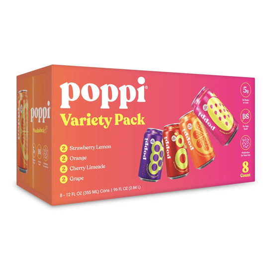 Poppi Prebiotic Soda, Variety Pack CY/GR/OR/SL, 8pk