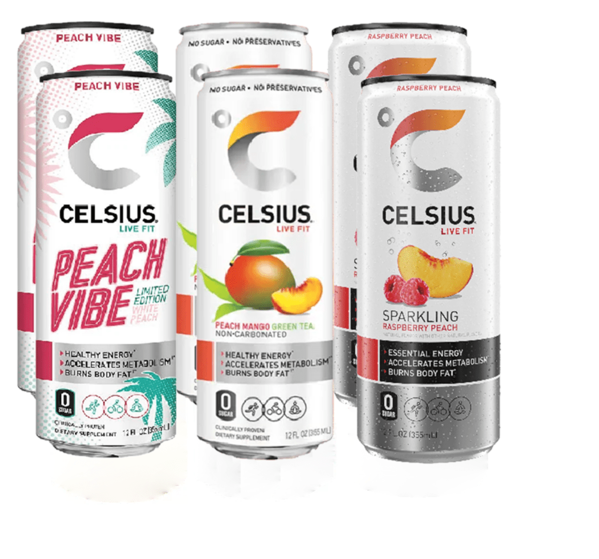 CELSIUS Sparkling Functional Essential Energy Drink with Variety of Flavors, 12 Ounce Can - Best Bundle Pack (12 Fl oz, Celsius Sparkling Raspberry/Mango Peach Vibe - 6pk)