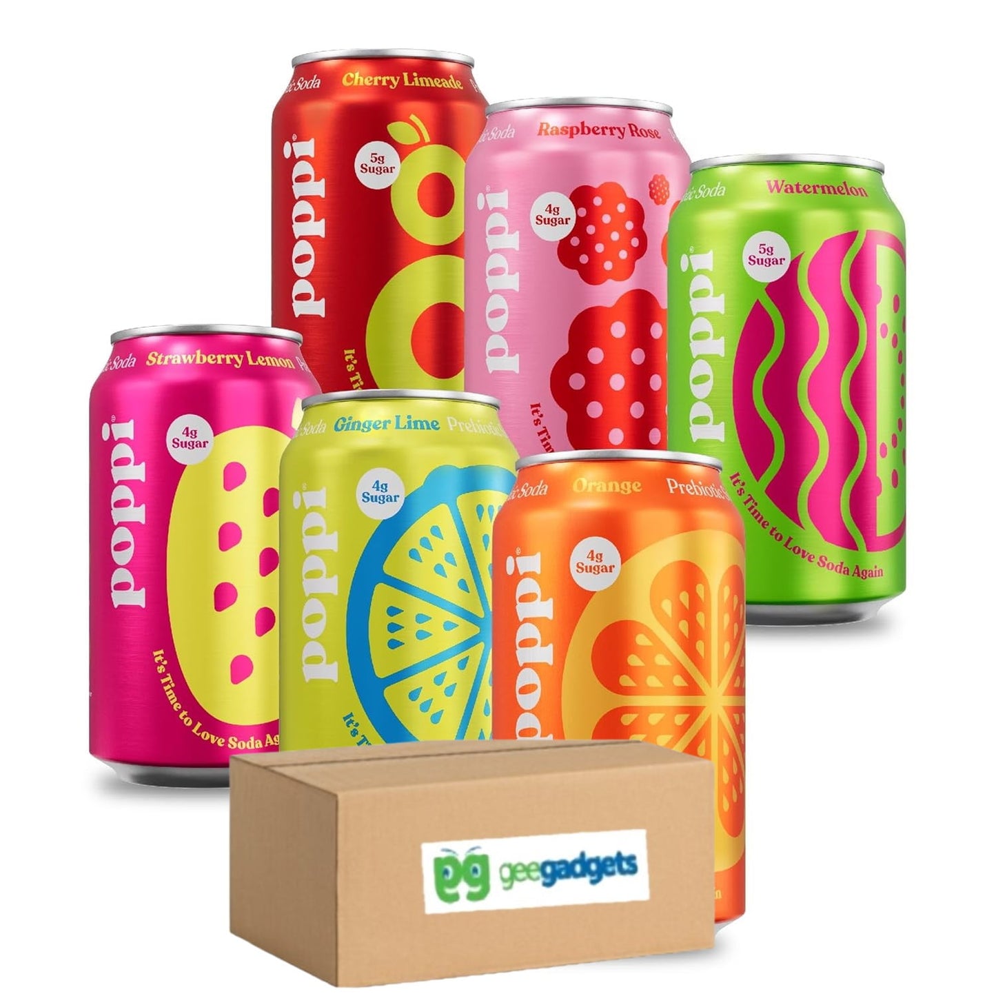 POPPI Sparkling Prebiotic Soda, Beverages w/Apple Cider Vinegar,  Variety Pack, 12 Fl Oz (Orange, Ginger Lime, Watermelon, Strawberry Lemon, Raspberry Rose,  Cherry Limeade) Pack of 6