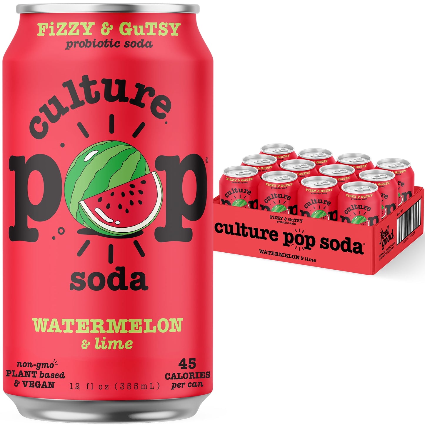 Culture Pop Sparkling Probiotic Soda, Watermelon Lime, 12 Fl Oz Cans (Pack of 12)