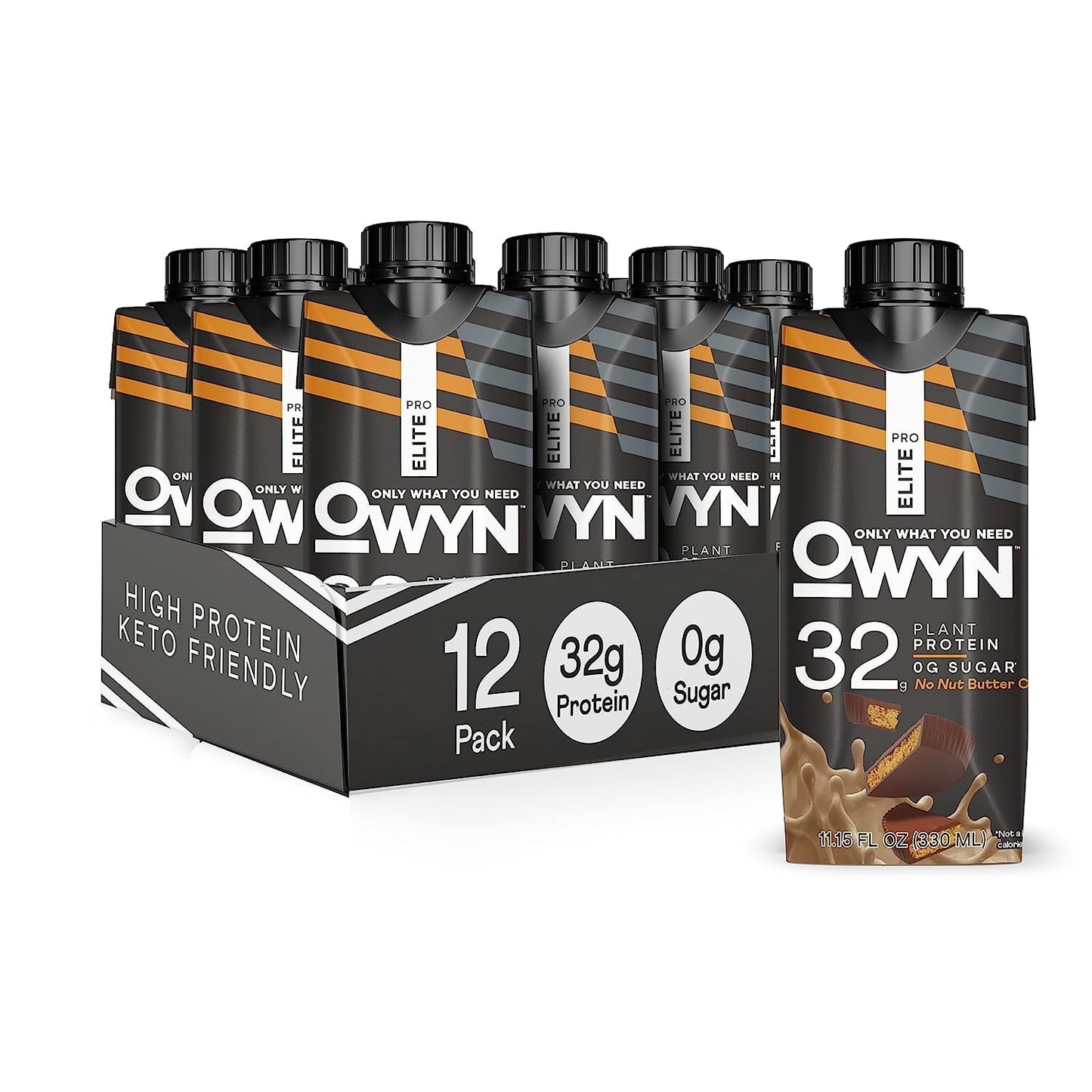 OWYN Pro Elite Plant Based Protein Nutrition Drink Shake, No Nut Butter Cup, 32g Protein, 11.15 oz, 12 Pack