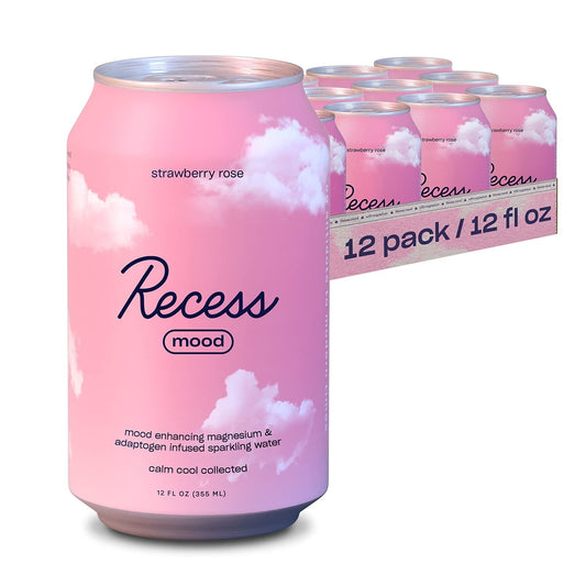 Recess Mood Magnesium Supplement Sparkling Water, Strawberry Rose, 12oz (Pack of 12)