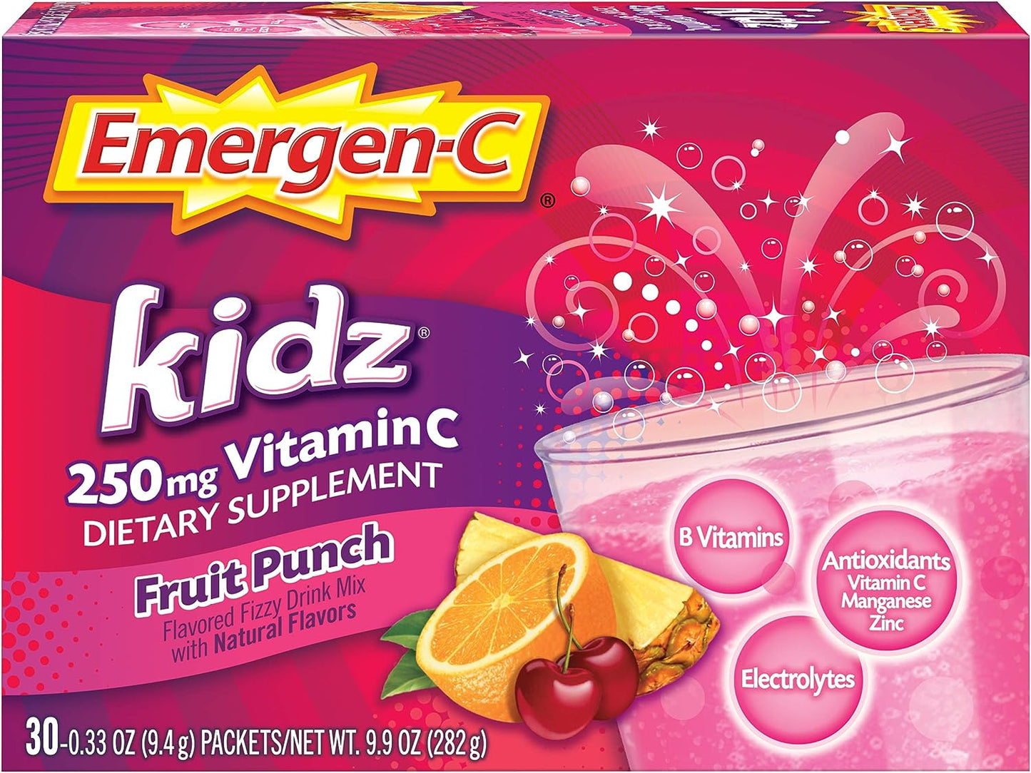 Emergen-C Kidz 250mg Kids Vitamin C Powder, Caffeine Free, Immune Support Drink Mix, Fruit Punch Flavor - 30 Count/1 Month Supply