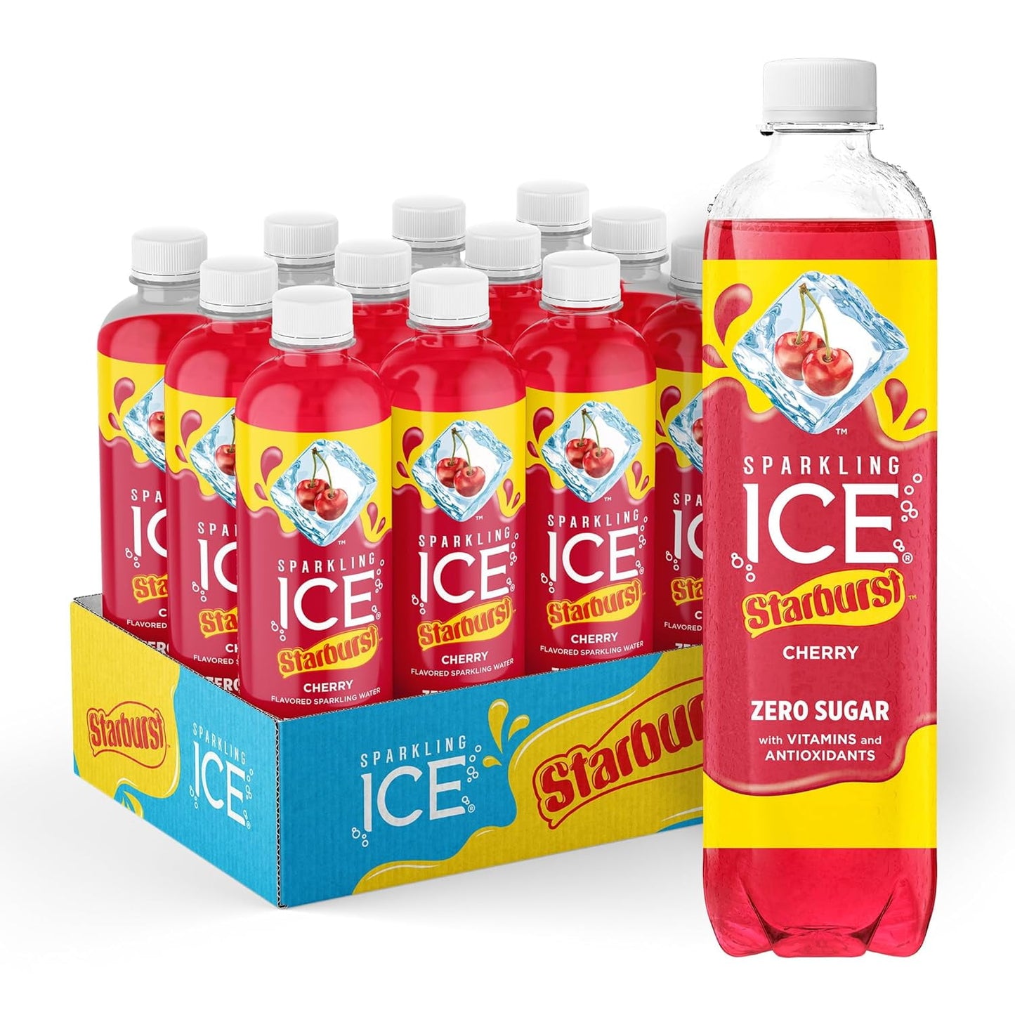 Sparkling Ice STARBURST Cherry, Zero Sugar Flavored Sparkling Water, with Vitamins and Antioxidants, Low Calorie Beverage, 17 fl oz Bottles, (Pack of 12)